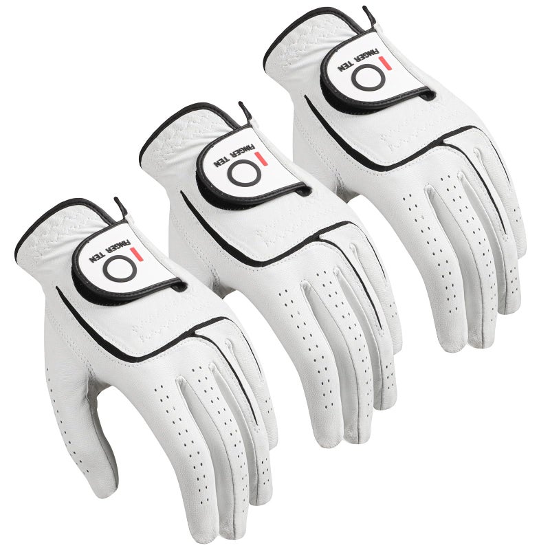 FINGER TEN Menâ€™s Golf Gloves Right Handed Left Hand Value 3 Pack, Cabretta Leather Grip Fit Small Medium Large XL XXL 2XL (Natural White, Cadet Medium, Left) - Image 1